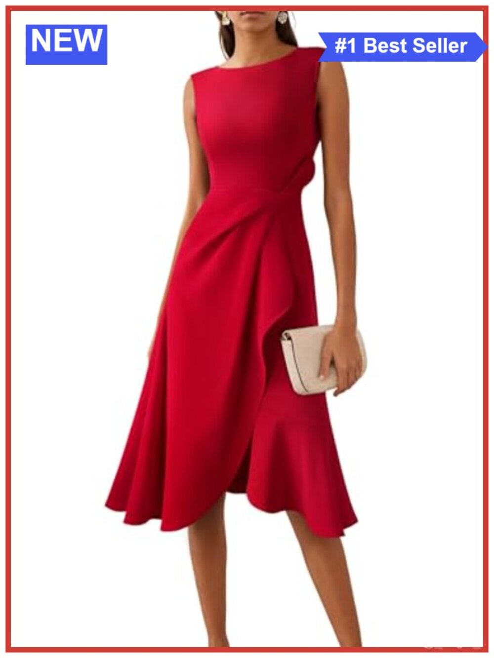 Asymmetrical Ruffle Cocktail Midi A-Line Dress Ruched Waist Wedding Guest